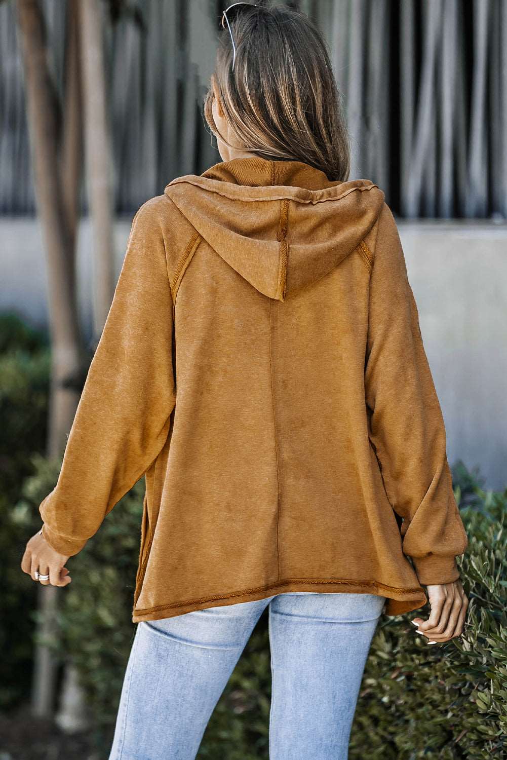 Exposed Seam Drawstring Hooded Jacket with Pockets