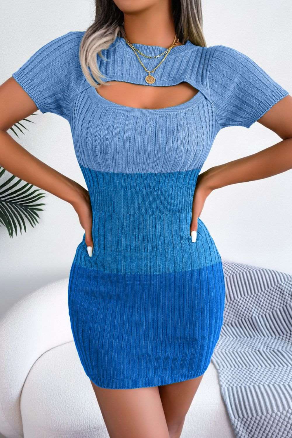 Color Block Cutout Short Sleeve Sweater Dress