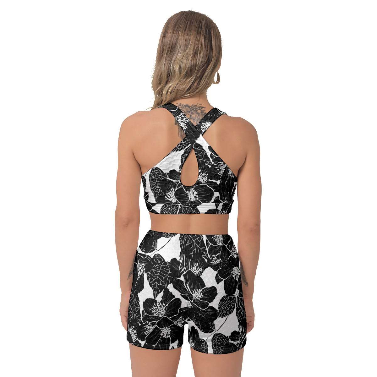 Black and White Bouquet Sports Bra and Shorts Set - AnimePhysique