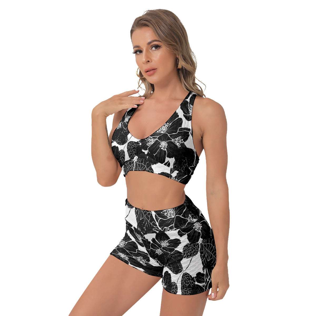 Black and White Bouquet Sports Bra and Shorts Set - AnimePhysique