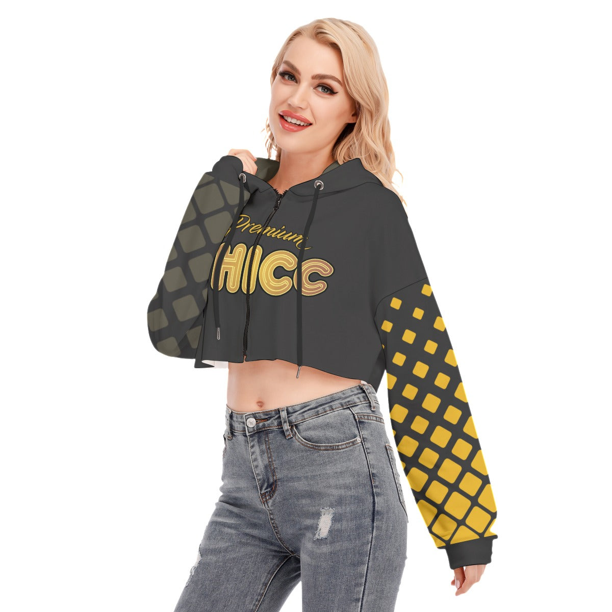 Premium Thicc Midnight Gold Diamond Women's Cropped Hoodie With Zipper Closure