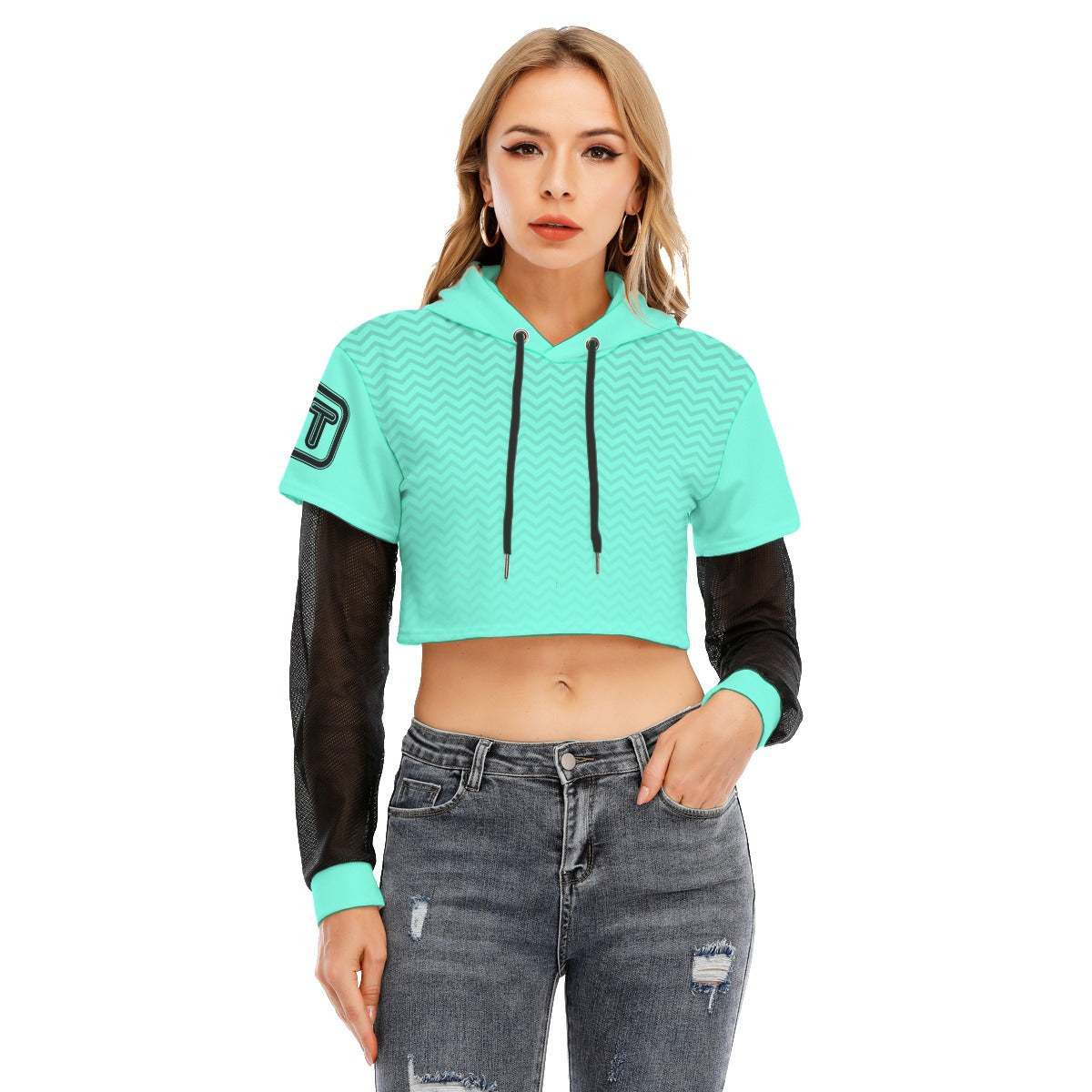 Mint Wave Premium Thicc Women's Faux Two-piece Mesh Sleeve Cropped PT Hoodie