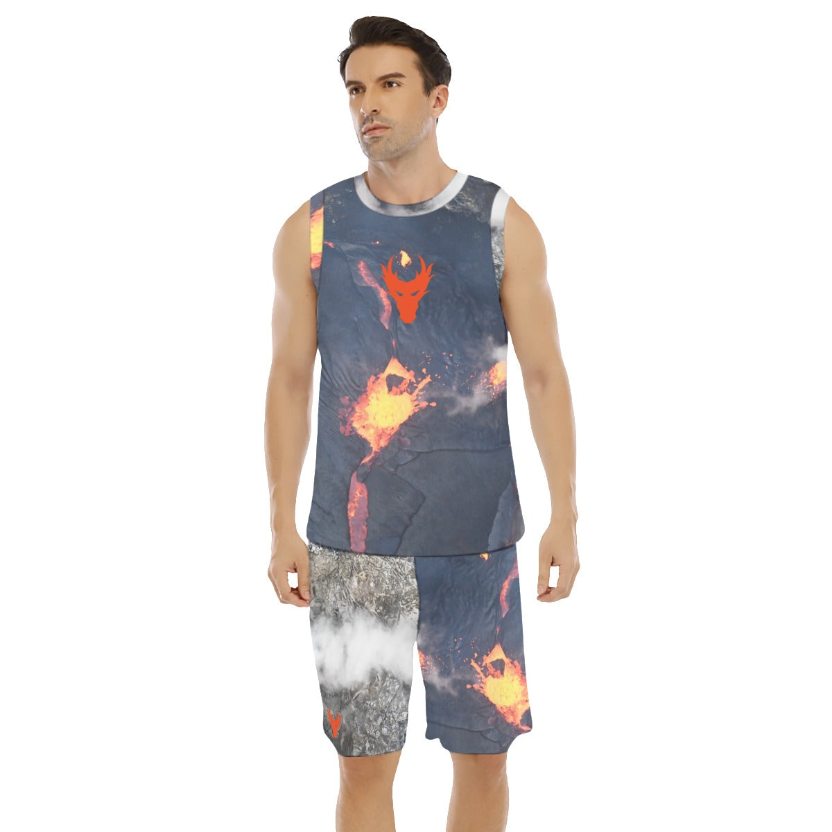 Fire inside burnt orange dragon centered Men's Basketball Suit