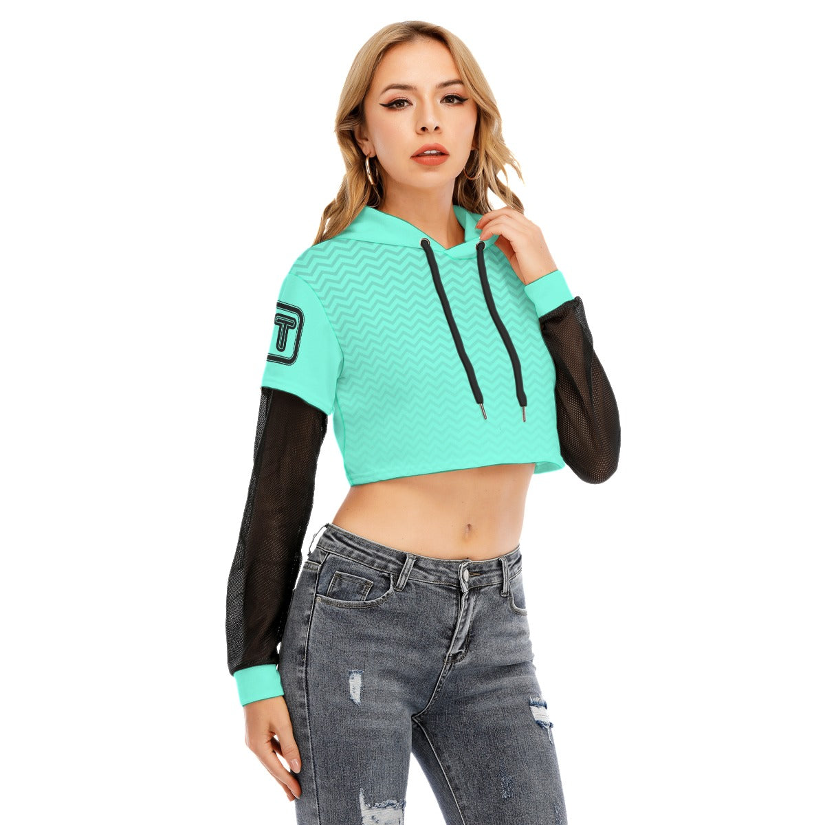 Mint Wave Premium Thicc Women's Faux Two-piece Mesh Sleeve Cropped PT Hoodie