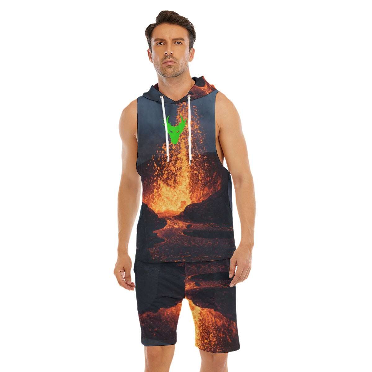 Fired up lime green dragon centered Men's Sleeveless Vest And Shorts Sets