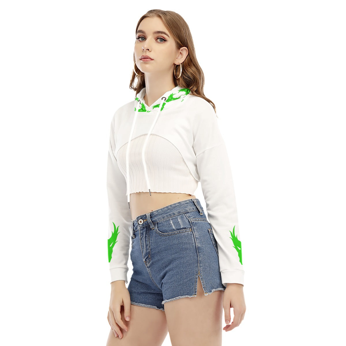 Go Go Lime Dragon in white Women's Smock Short Hoodie With Long Sleeve