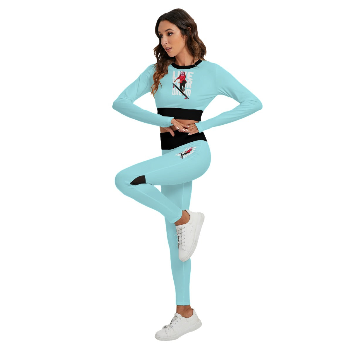Live your dream aqua Sport Set With Backless Top And Leggings - AnimePhysique