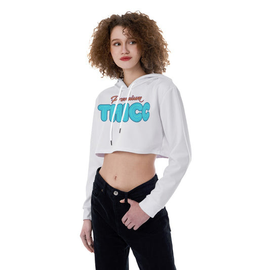 Premium Thicc White Crop Top Hoodie with Aqua thicc lettering