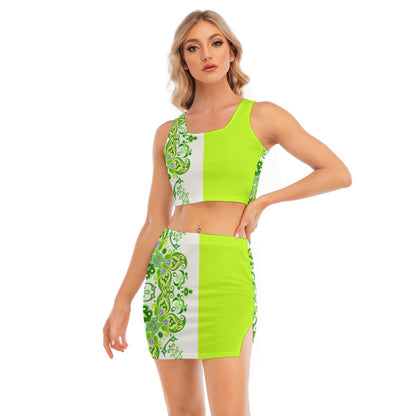 Go-Go Lime Ivy Color Block Camisole And Hip Skirt Suit by Premium THicc