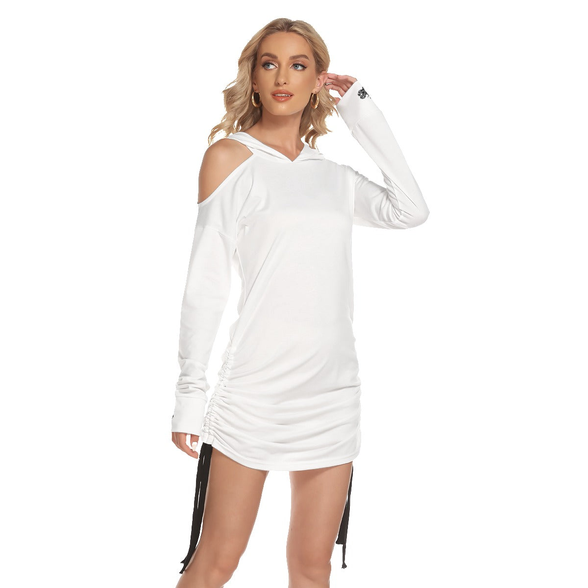 White and Black Premium Thicc One-shoulder Dress With Waist Shirring