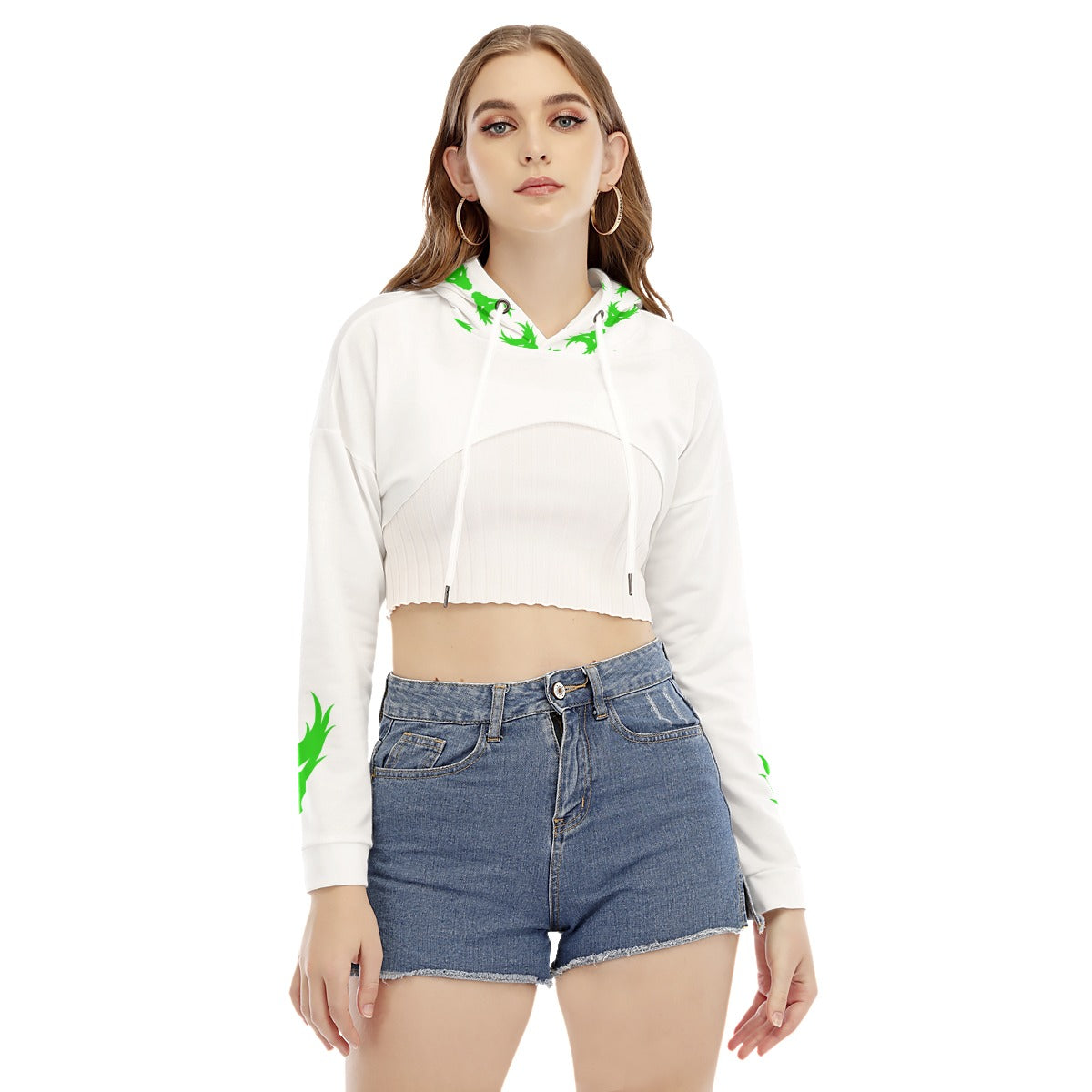 Go Go Lime Dragon in white Women's Smock Short Hoodie With Long Sleeve