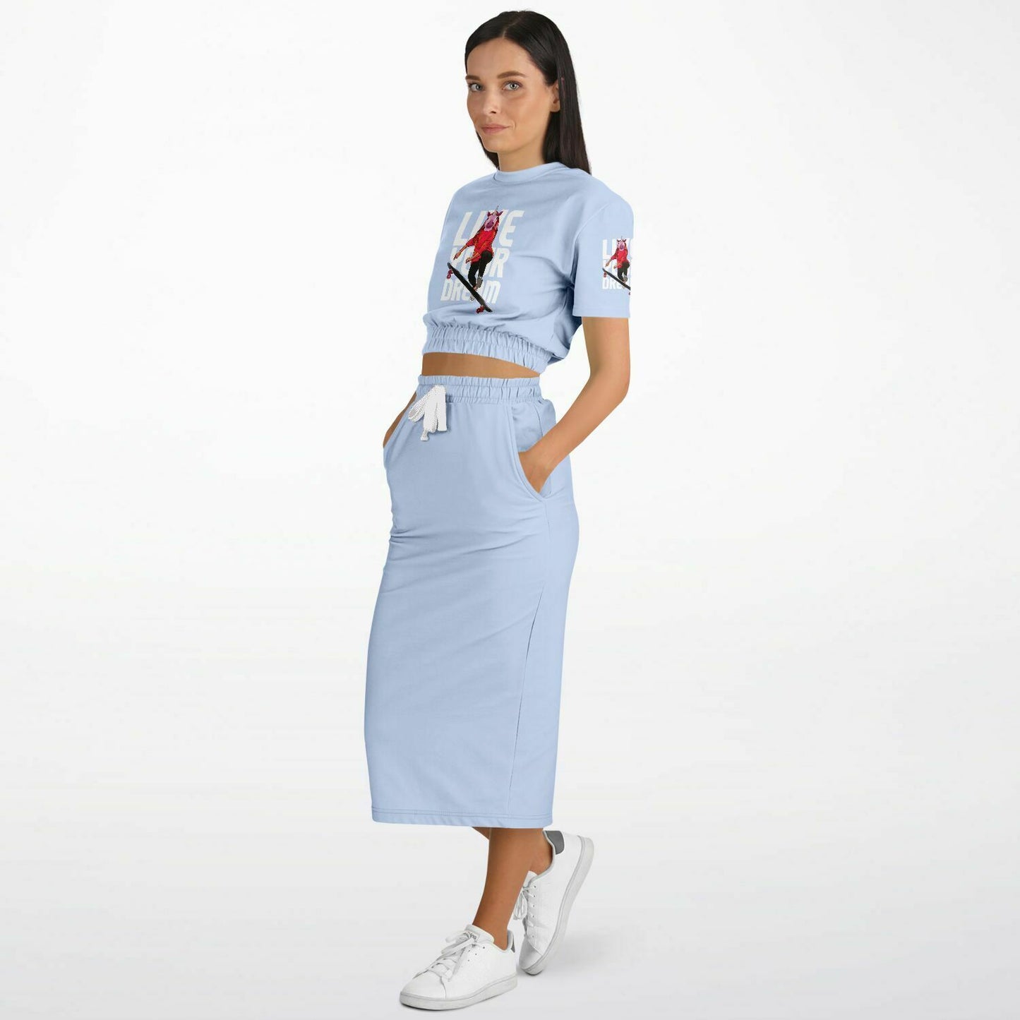 Live Your Dream Athletic Cropped Short Sleeve Sweatshirt and Long Pocket Skirt Set - AnimePhysique